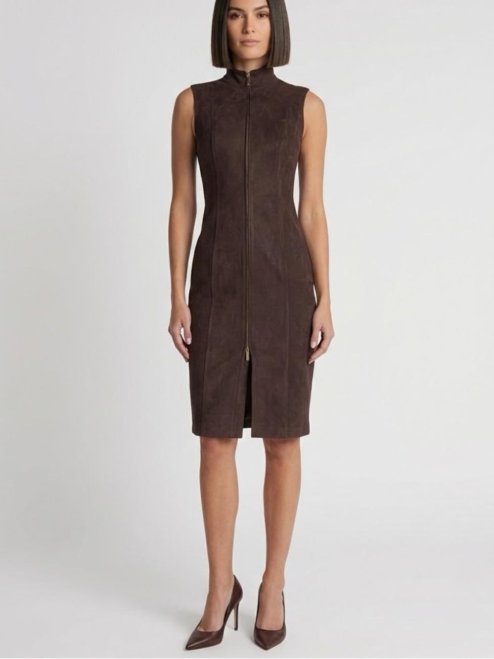 NEW Tommy Hilfiger Sleeveless Faux Suede Dress Brown size 6 front 2-Way Zip